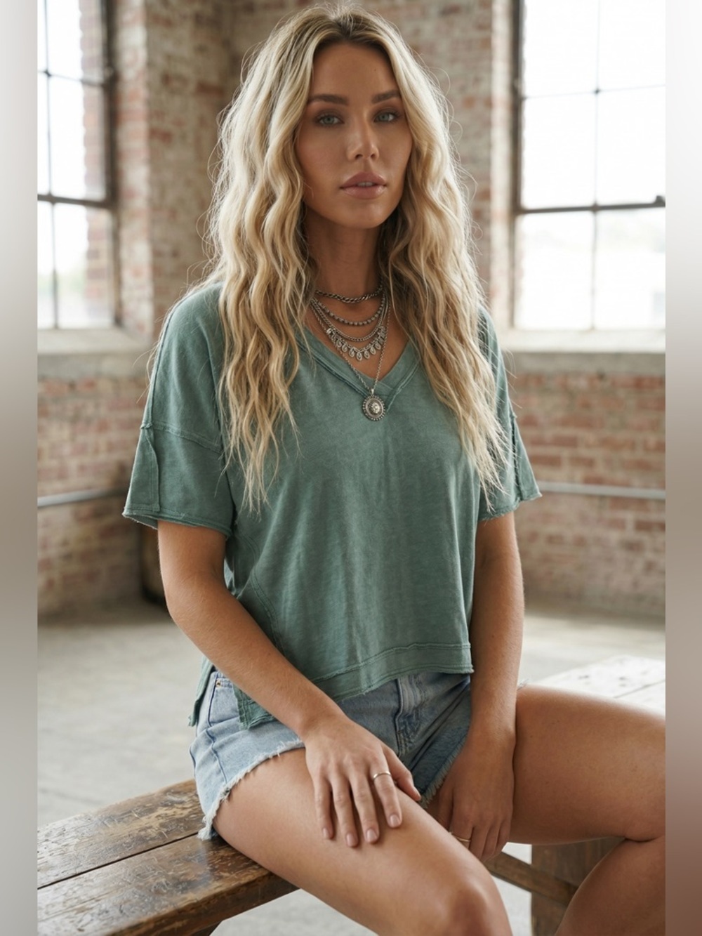 NWT Washed V-Neck Loose Fit Relaxed Tee T-Shirt Top - Picture 5 of 5